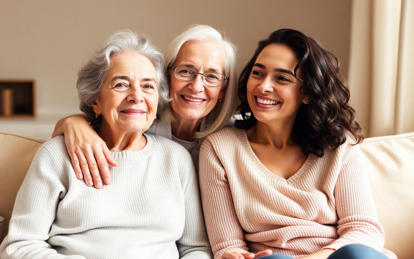 Adult daughter with her elderly mother and grandmother at home